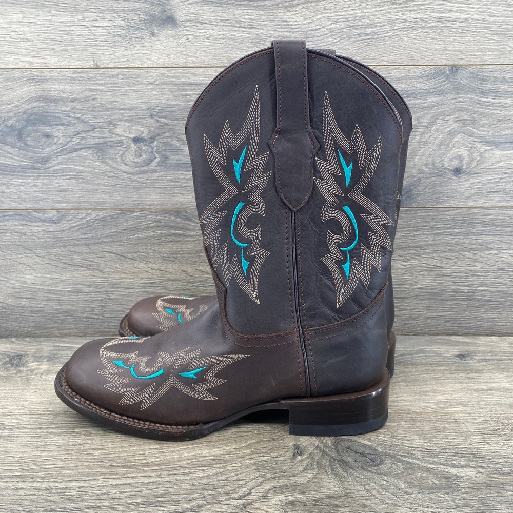 Ferrini Cowboy Boots Womens 9.5B Brown Turquoise Embroidered Leather Square Toe